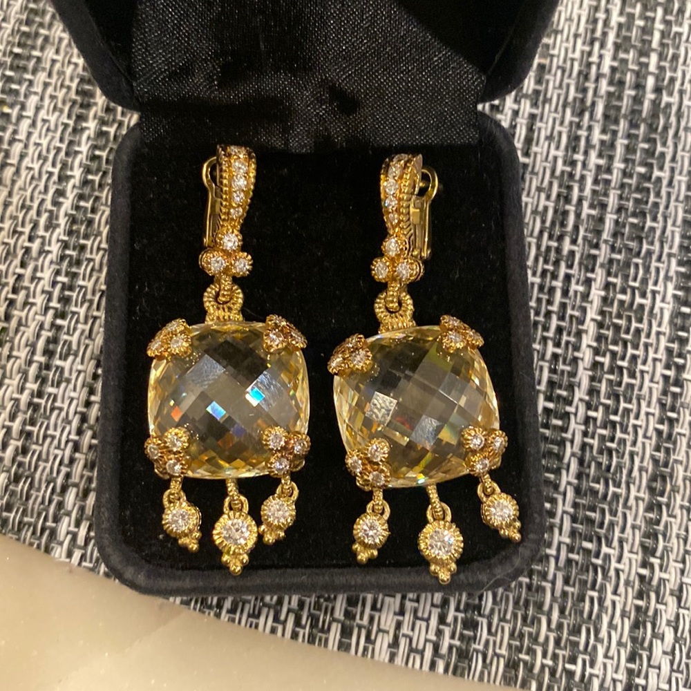Judith Ripka Lemon Quartz and Diamond pierced earrings.